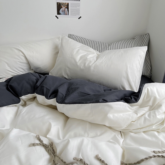 91家纺网 家纺一手货源 找家纺 宜家坊 2023新款ins风小红书同款水洗棉亲肤磨毛混搭纯色双拼四件套 双拼-白蓝灰