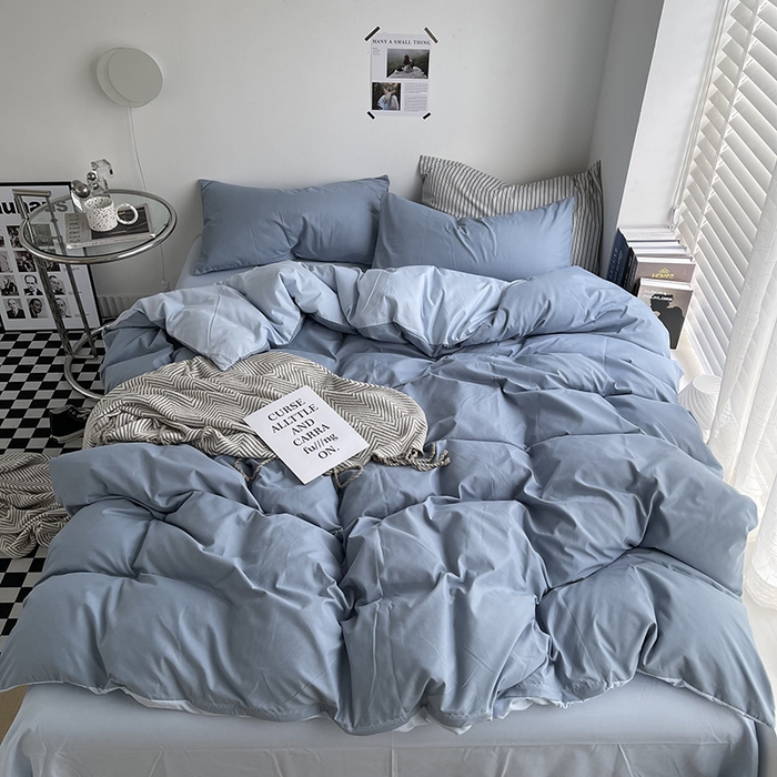 91家纺网 家纺一手货源 找家纺 宜家坊 2023新款ins风小红书同款水洗棉亲肤磨毛混搭纯色双拼四件套 双拼-月光雾蓝