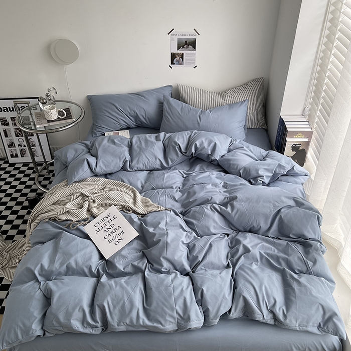 91家纺网 家纺一手货源 找家纺 宜家坊 2023新款ins风小红书同款水洗棉亲肤磨毛混搭纯色双拼四件套 纯色-雾蓝