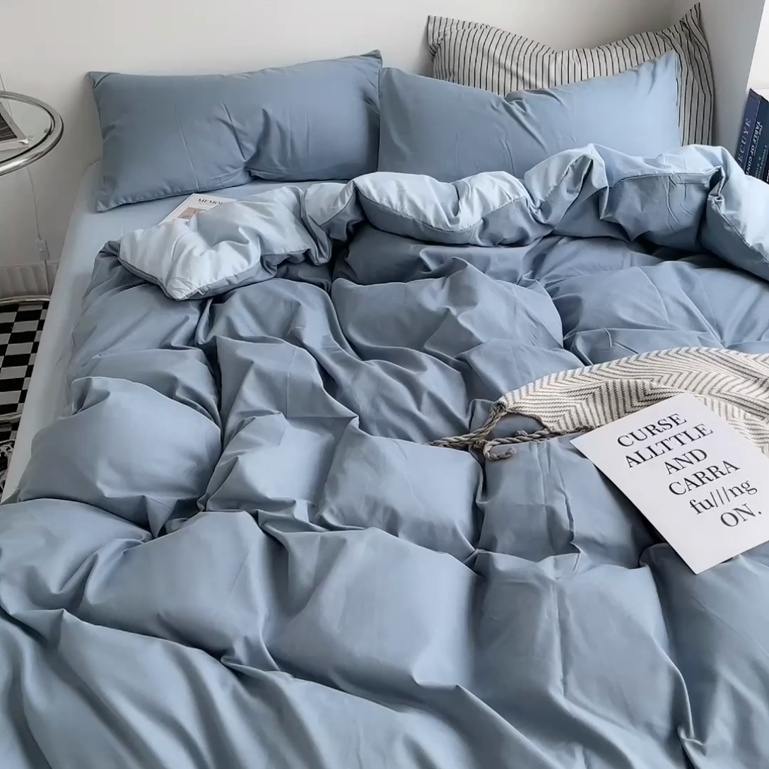 91家纺网 家纺一手货源 找家纺 宜家坊 2023新款ins风小红书同款水洗棉亲肤磨毛混搭纯色双拼四件套 双拼-月光雾蓝