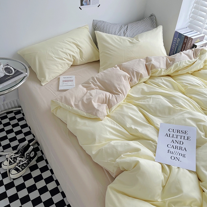 91家纺网 家纺一手货源 找家纺 宜家坊 2023新款ins风小红书同款水洗棉亲肤磨毛混搭纯色双拼四件套 双拼-芝士奶茶