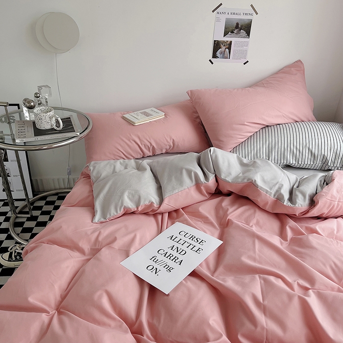 91家纺网 家纺一手货源 找家纺 宜家坊 2023新款ins风小红书同款水洗棉亲肤磨毛混搭纯色双拼四件套 双拼-豆沙浅灰