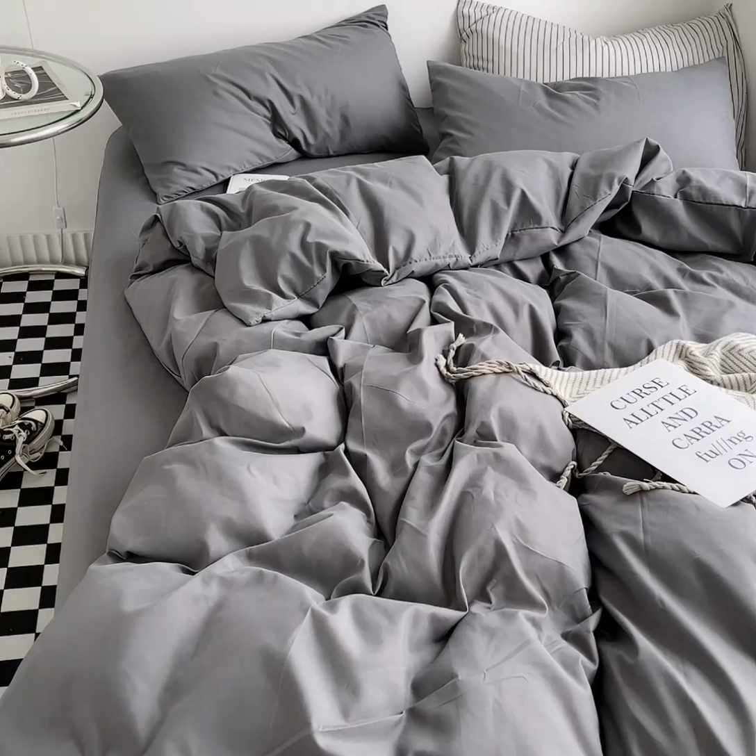 91家纺网 家纺一手货源 找家纺 宜家坊 2023新款ins风小红书同款水洗棉亲肤磨毛混搭纯色双拼四件套 纯色-深灰