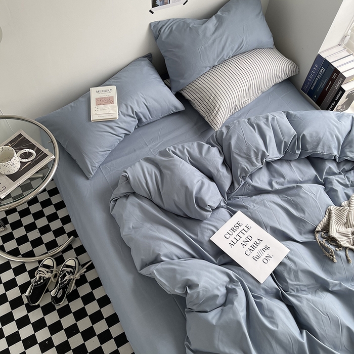 91家纺网 家纺一手货源 找家纺 宜家坊 2023新款ins风小红书同款水洗棉亲肤磨毛混搭纯色双拼四件套 纯色-雾蓝