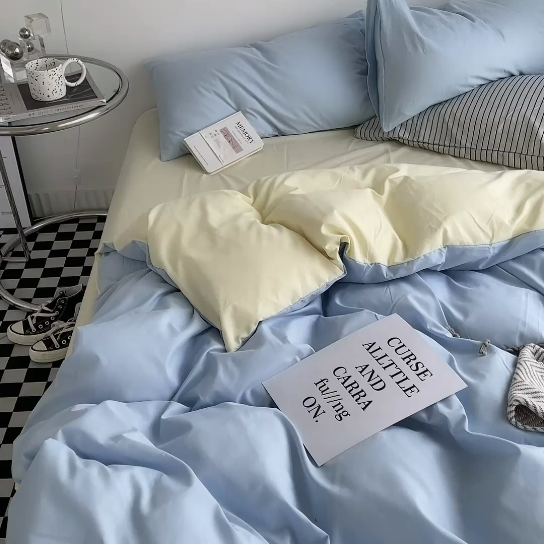 91家纺网 家纺一手货源 找家纺 宜家坊 2023新款ins风小红书同款水洗棉亲肤磨毛混搭纯色双拼四件套 双拼-浅蓝芝士