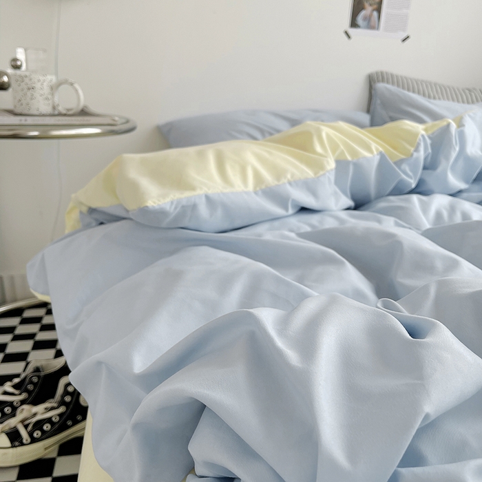 91家纺网 家纺一手货源 找家纺 宜家坊 2023新款ins风小红书同款水洗棉亲肤磨毛混搭纯色双拼四件套 双拼-浅蓝芝士