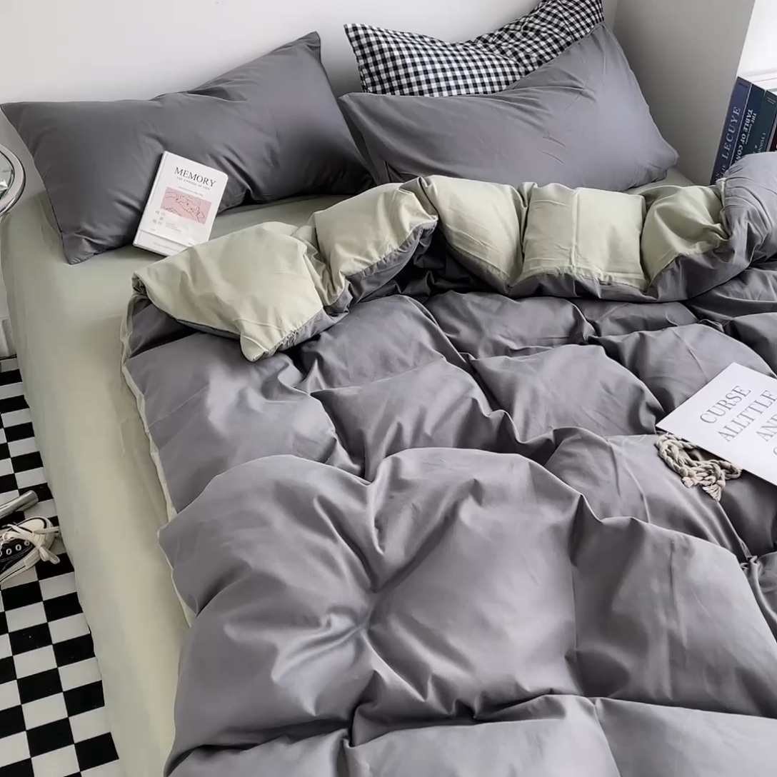 91家纺网 家纺一手货源 找家纺 宜家坊 2023新款ins风小红书同款水洗棉亲肤磨毛混搭纯色双拼四件套 双拼-深灰抹茶