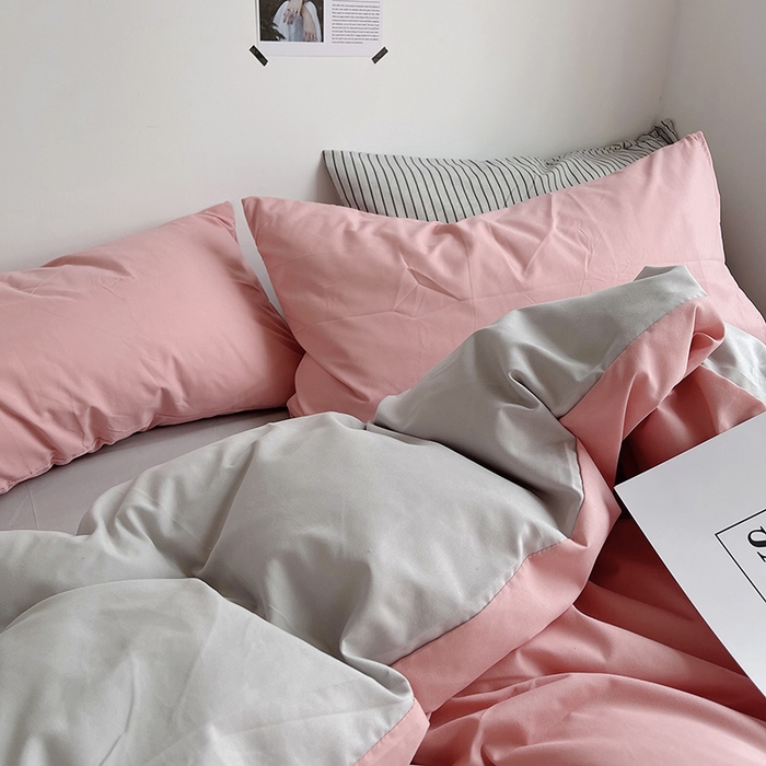 91家纺网 家纺一手货源 找家纺 宜家坊 2023新款ins风小红书同款水洗棉亲肤磨毛混搭纯色双拼四件套 双拼-豆沙浅灰