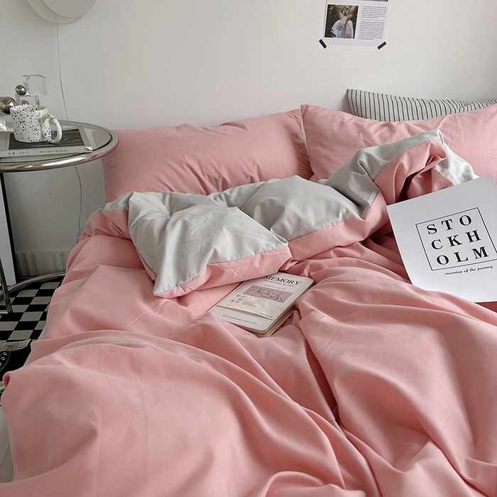 91家纺网 家纺一手货源 找家纺 宜家坊 2023新款ins风小红书同款水洗棉亲肤磨毛混搭纯色双拼四件套 双拼-豆沙浅灰