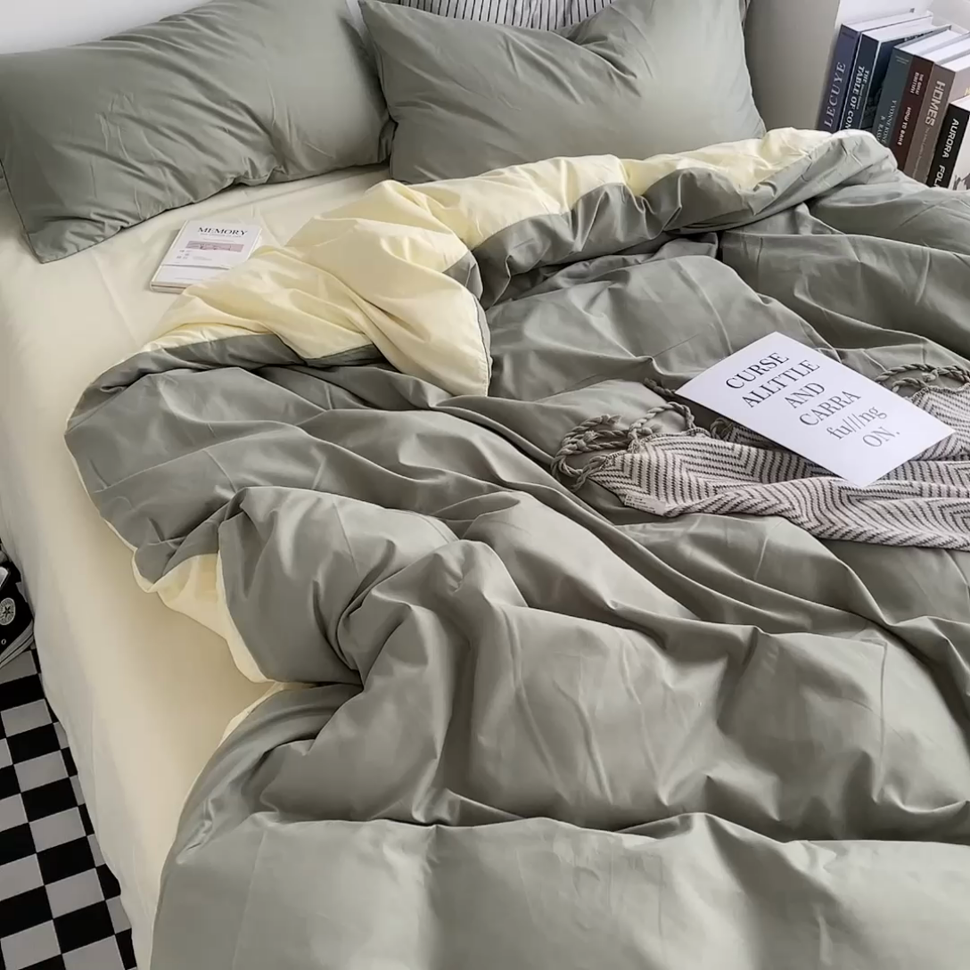 91家纺网 家纺一手货源 找家纺 宜家坊 2023新款ins风小红书同款水洗棉亲肤磨毛混搭纯色双拼四件套 双拼-抹茶芝士