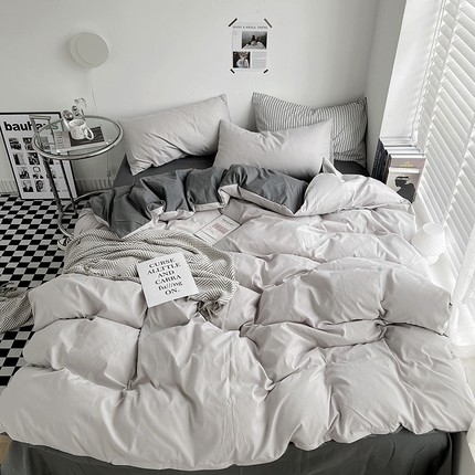 91家纺网 家纺一手货源 找家纺 （总）宜家坊 2023新款ins风小红书同款水洗棉亲肤磨毛混搭纯色双拼四件套