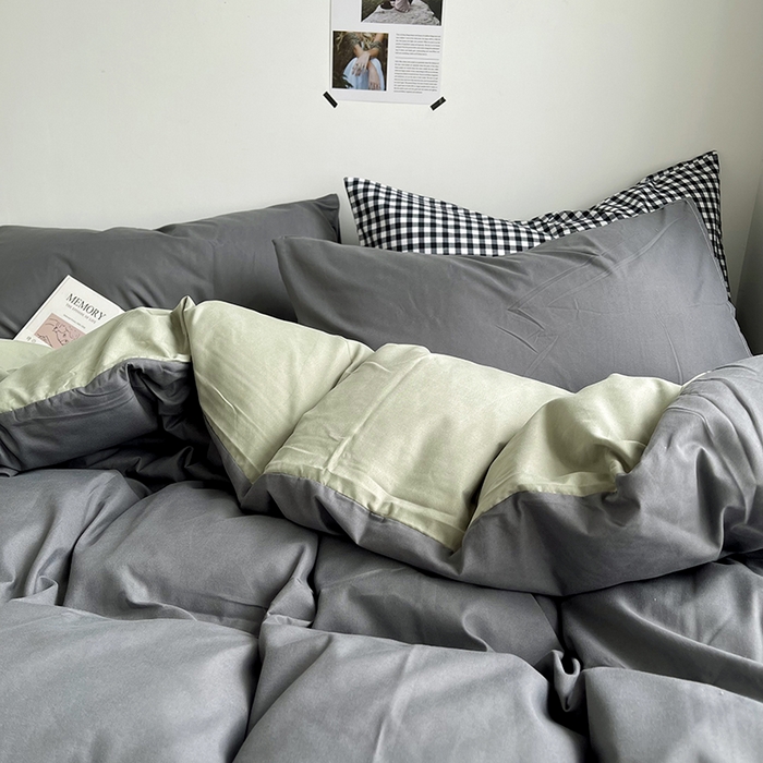 91家纺网 家纺一手货源 找家纺 宜家坊 2023新款ins风小红书同款水洗棉亲肤磨毛混搭纯色双拼四件套 双拼-深灰抹茶