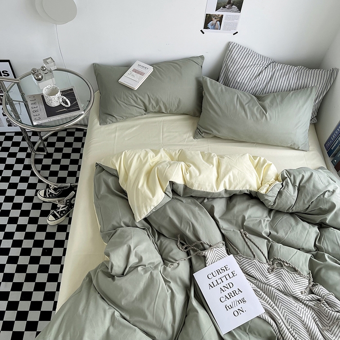 91家纺网 家纺一手货源 找家纺 宜家坊 2023新款ins风小红书同款水洗棉亲肤磨毛混搭纯色双拼四件套 双拼-抹茶芝士