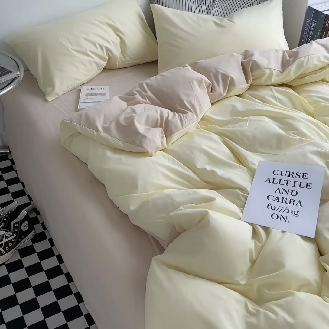 91家纺网 家纺一手货源 找家纺 宜家坊 2023新款ins风小红书同款水洗棉亲肤磨毛混搭纯色双拼四件套 双拼-芝士奶茶