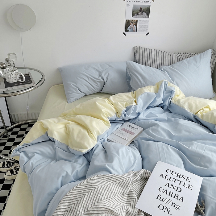 91家纺网 家纺一手货源 找家纺 宜家坊 2023新款ins风小红书同款水洗棉亲肤磨毛混搭纯色双拼四件套 双拼-浅蓝芝士