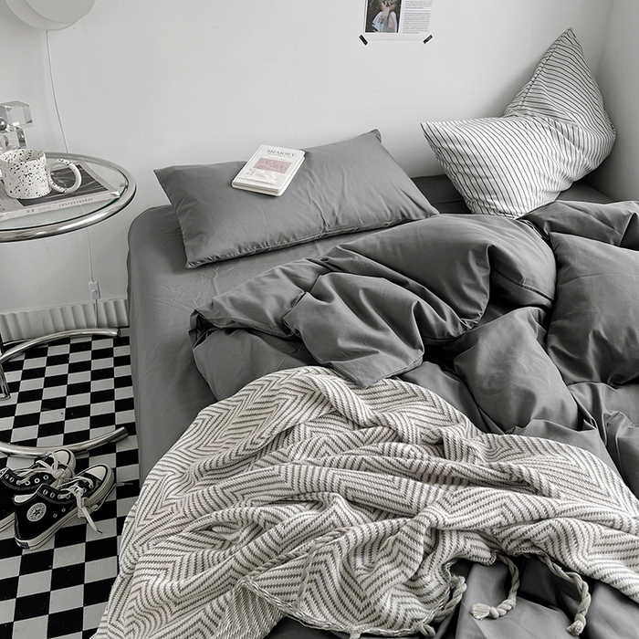 91家纺网 家纺一手货源 找家纺 宜家坊 2023新款ins风小红书同款水洗棉亲肤磨毛混搭纯色双拼四件套 纯色-深灰