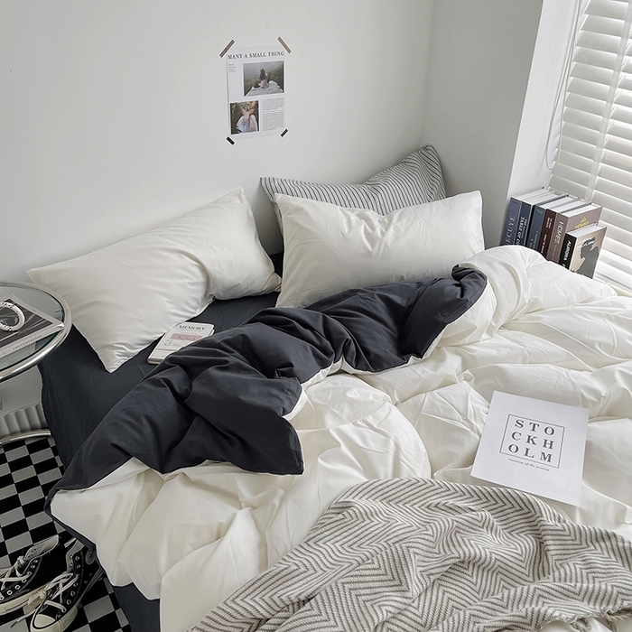 91家纺网 家纺一手货源 找家纺 宜家坊 2023新款ins风小红书同款水洗棉亲肤磨毛混搭纯色双拼四件套 双拼-白蓝灰