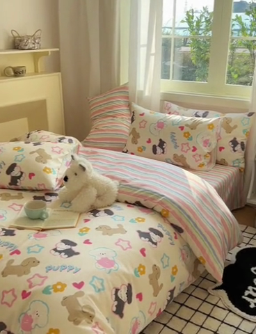 91家纺网 家纺一手货源 找家纺 瑞莱 （持续上新）2024春季13372全棉印花四件套-卡通系列彩虹狗