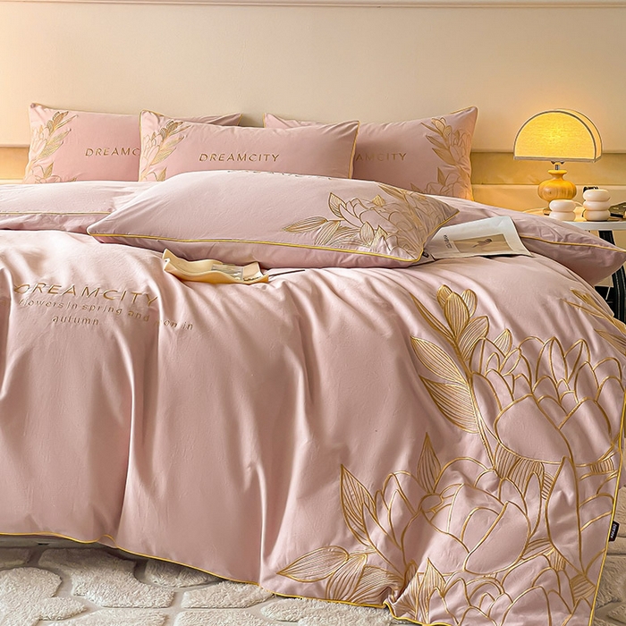 91家纺网 家纺一手货源 找家纺  A类母婴级全棉磨毛四件套纯棉高精密刺绣长绒棉床上用品床笠款 芙蓉-红桃