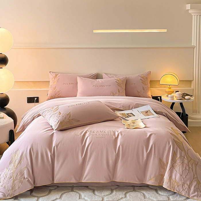 91家纺网 家纺一手货源 找家纺  A类母婴级全棉磨毛四件套纯棉高精密刺绣长绒棉床上用品床笠款 芙蓉-红桃