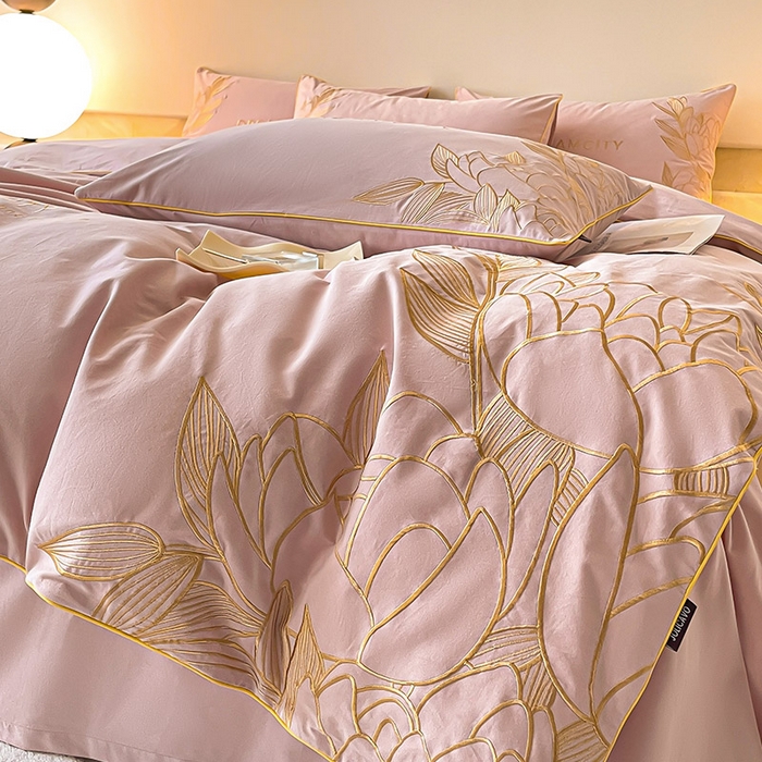 91家纺网 家纺一手货源 找家纺  A类母婴级全棉磨毛四件套纯棉高精密刺绣长绒棉床上用品床笠款 芙蓉-红桃