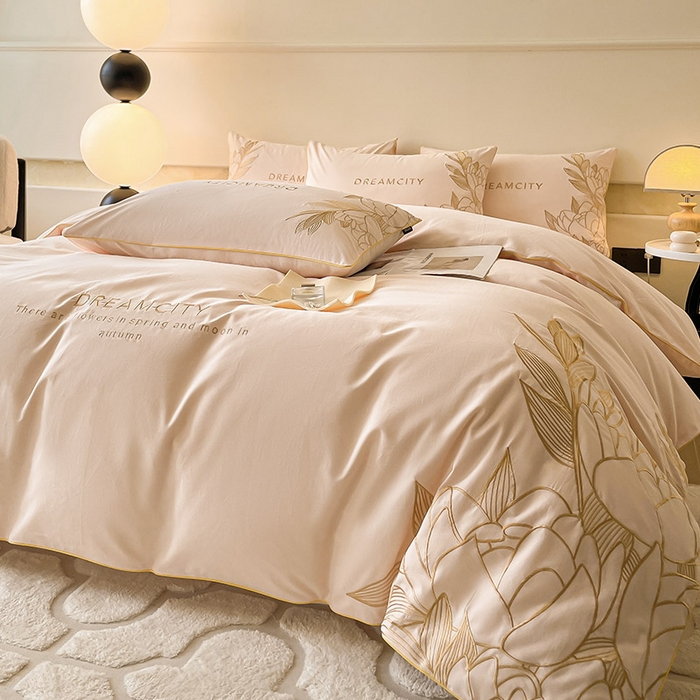 91家纺网 家纺一手货源 找家纺  A类母婴级全棉磨毛四件套纯棉高精密刺绣长绒棉床上用品床笠款 芙蓉-白桃