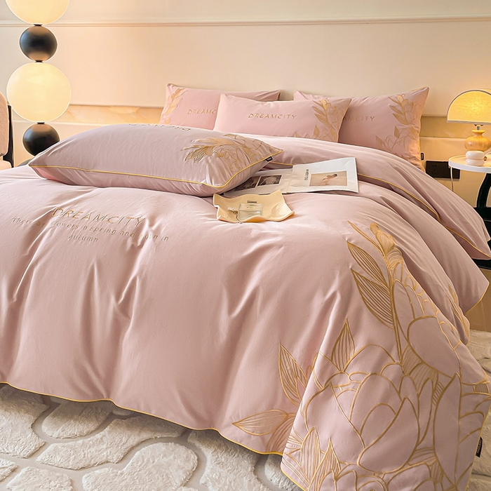 91家纺网 家纺一手货源 找家纺  A类母婴级全棉磨毛四件套纯棉高精密刺绣长绒棉床上用品床笠款 芙蓉-红桃