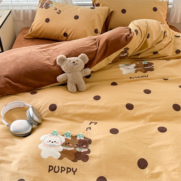 91家纺网 家纺一手货源 找家纺 昔可家纺 2023新款全棉加绒四件套 波点狗狗