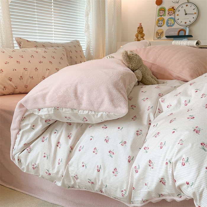 91家纺网 家纺一手货源 找家纺 昔可家纺 2023新款全棉加绒四件套 小椿芽