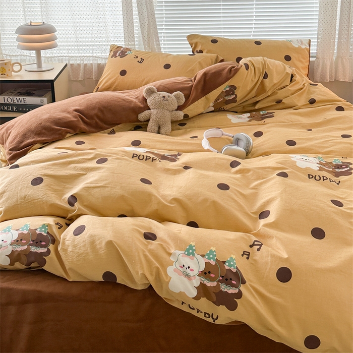 91家纺网 家纺一手货源 找家纺 昔可家纺 2023新款全棉加绒四件套 波点狗狗