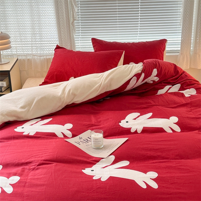 91家纺网 家纺一手货源 找家纺 昔可家纺 2023新款全棉加绒四件套 红兔子