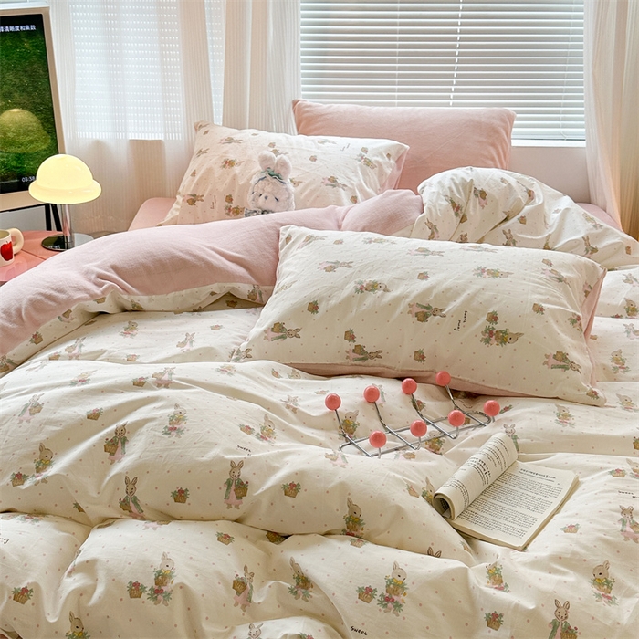 91家纺网 家纺一手货源 找家纺 昔可家纺 2023新款全棉加绒四件套 甜心篮子兔