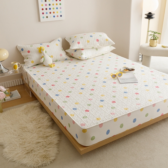 91家纺网 家纺一手货源 找家纺 忘忧草 2023新款A类全棉印花夹棉床笠 活力波点