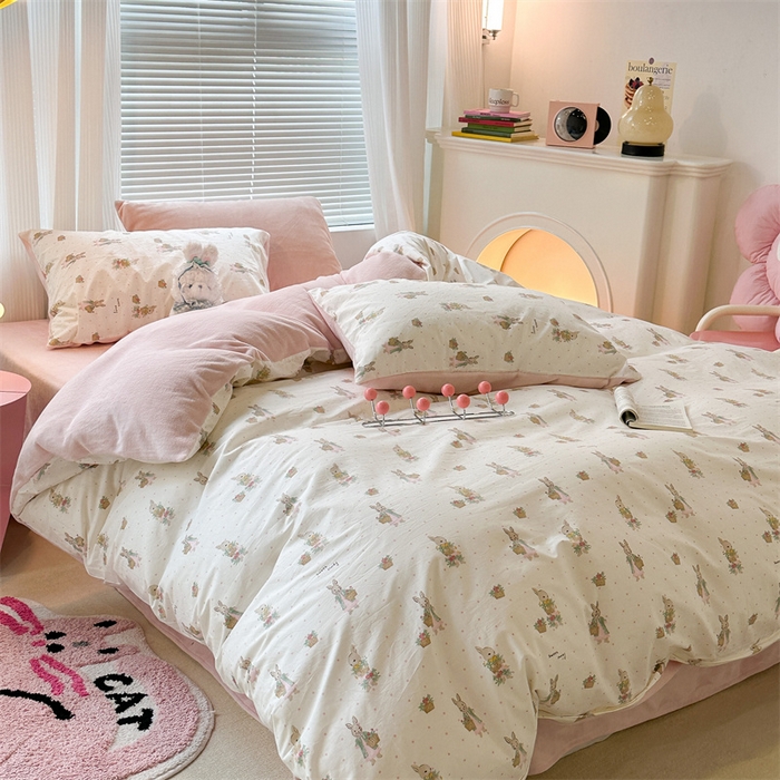 91家纺网 家纺一手货源 找家纺 昔可家纺 2023新款全棉加绒四件套 甜心篮子兔