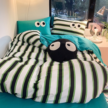 91家纺网 家纺一手货源 找家纺 （总）百寐 2023新款多巴胺混搭大眼毛巾绣全棉四件套纯棉条纹