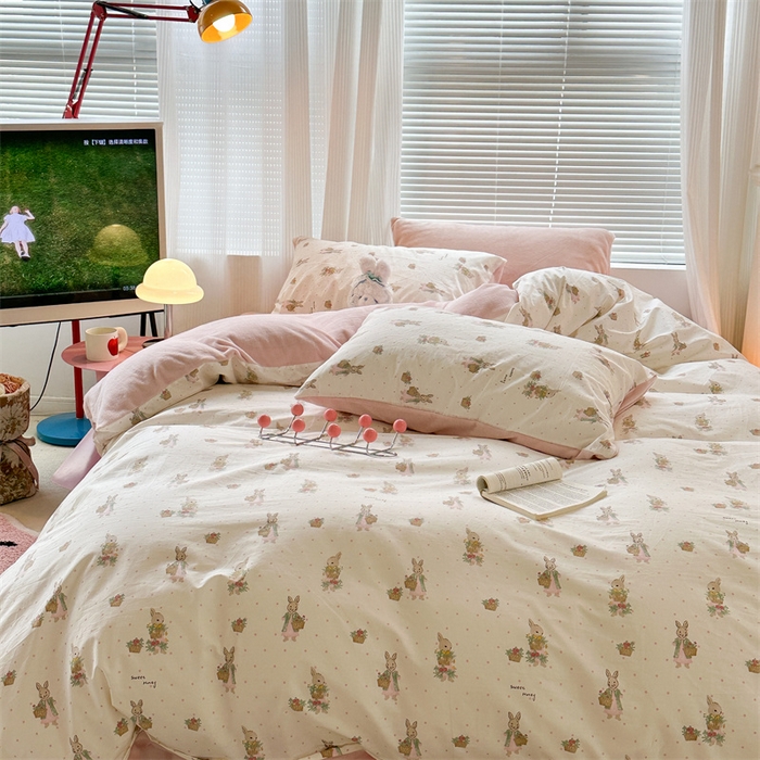 91家纺网 家纺一手货源 找家纺 昔可家纺 2023新款全棉加绒四件套 甜心篮子兔