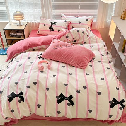 昔可家纺 2023新款全棉加绒四件套 爱心丝带蝴蝶结