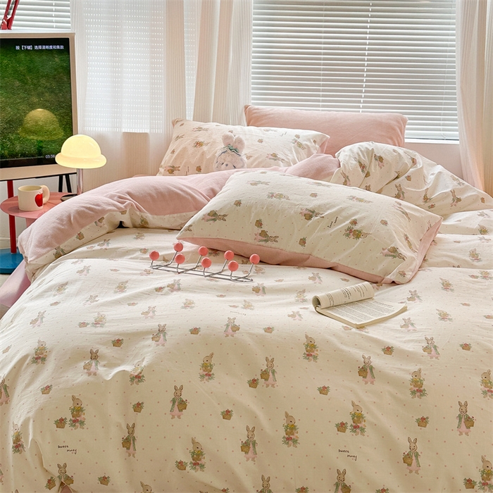 91家纺网 家纺一手货源 找家纺 昔可家纺 2023新款全棉加绒四件套 甜心篮子兔