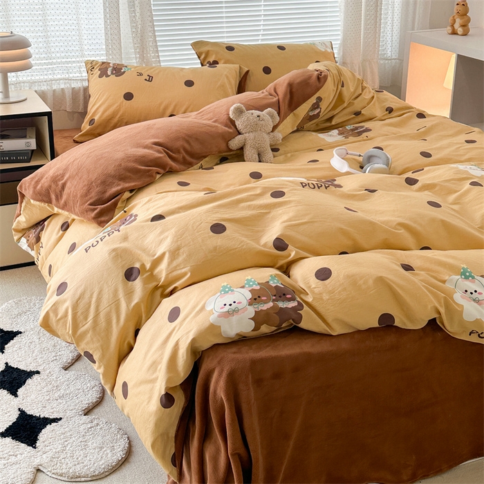 91家纺网 家纺一手货源 找家纺 昔可家纺 2023新款全棉加绒四件套 波点狗狗