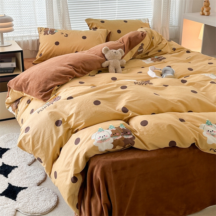 91家纺网 家纺一手货源 找家纺 昔可家纺 2023新款全棉加绒四件套 波点狗狗