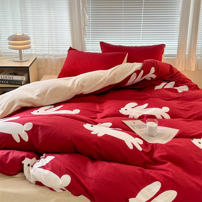 91家纺网 家纺一手货源 找家纺 昔可家纺 2023新款全棉加绒四件套 红兔子