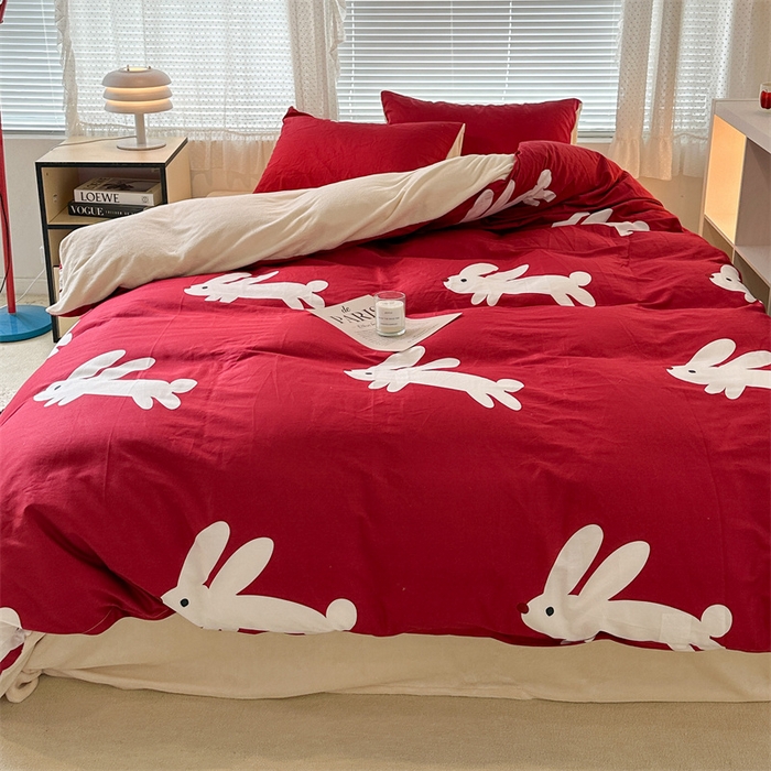 91家纺网 家纺一手货源 找家纺 昔可家纺 2023新款全棉加绒四件套 红兔子