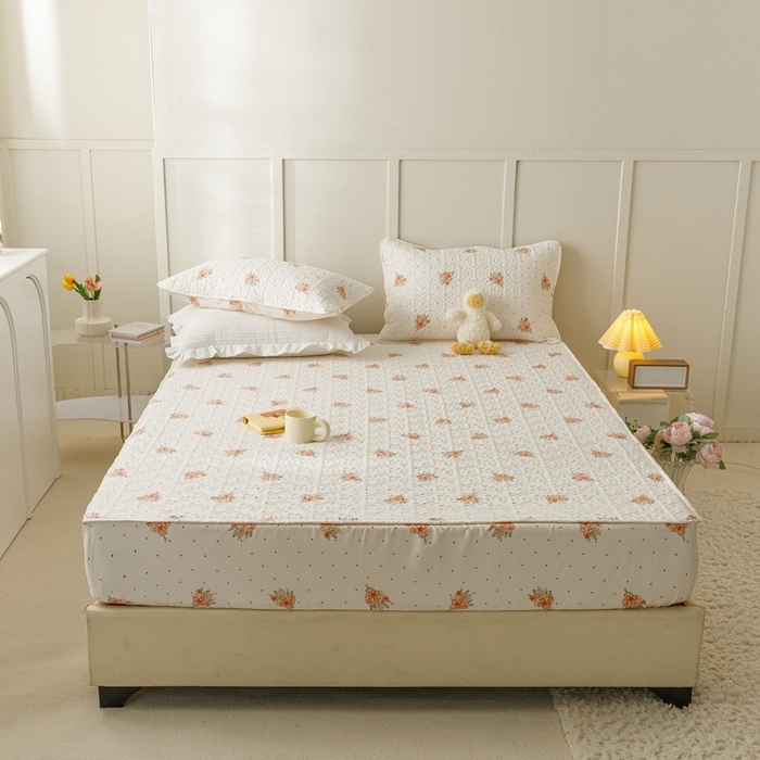 91家纺网 家纺一手货源 找家纺 忘忧草 2023新款A类全棉印花夹棉床笠 花簇-米