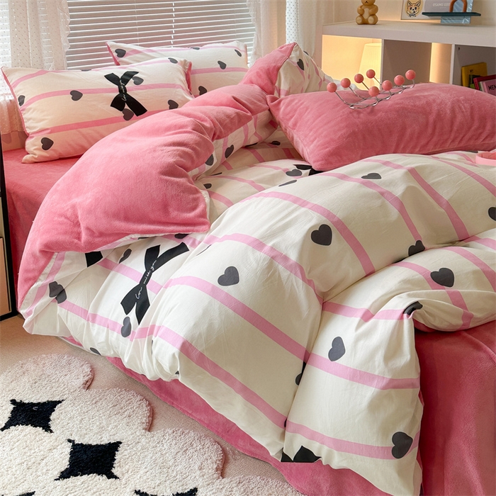 91家纺网 家纺一手货源 找家纺 昔可家纺 2023新款全棉加绒四件套 爱心丝带蝴蝶结