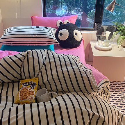 91家纺网 家纺一手货源 找家纺 （总）百寐 2023新款多巴胺混搭大眼毛巾绣全棉四件套纯棉条纹