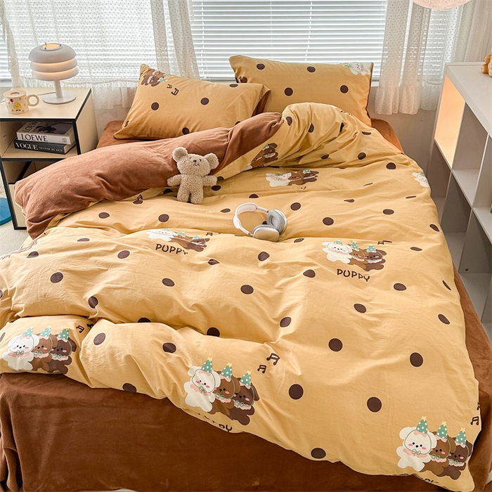 91家纺网 家纺一手货源 找家纺 昔可家纺 2023新款全棉加绒四件套 波点狗狗