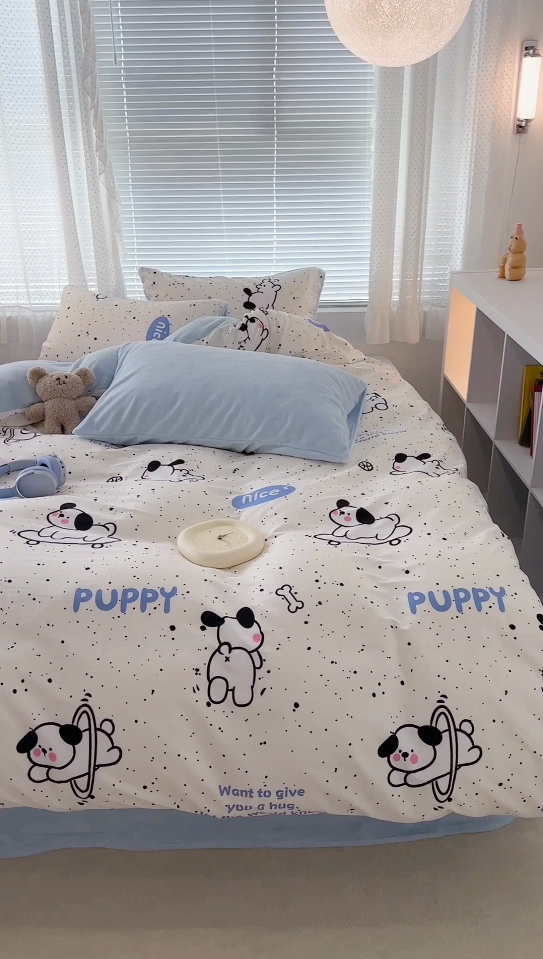 91家纺网 家纺一手货源 找家纺 昔可家纺 2023新款全棉加绒四件套 滑板狗狗蓝