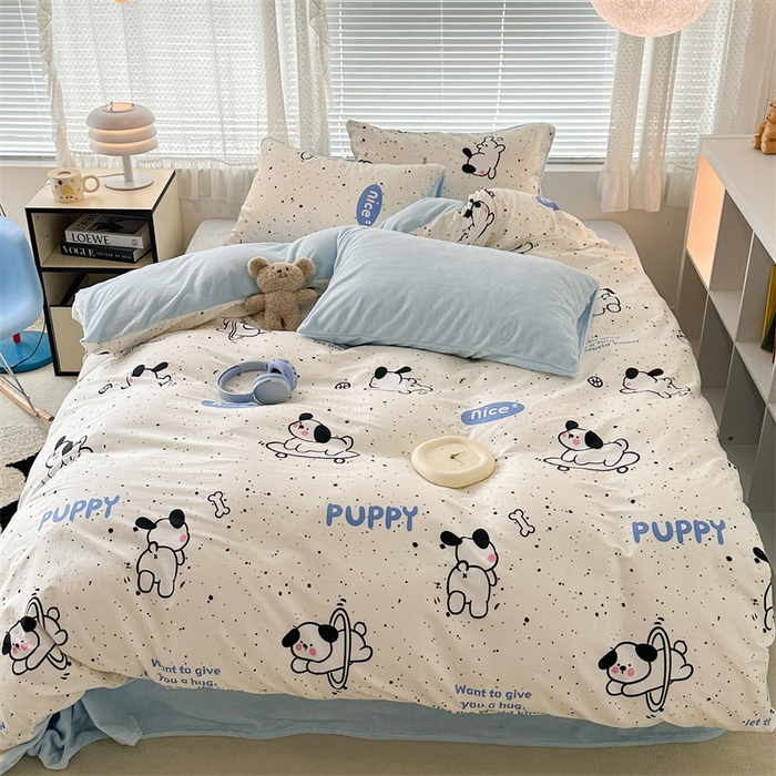 91家纺网 家纺一手货源 找家纺 昔可家纺 2023新款全棉加绒四件套 滑板狗狗蓝