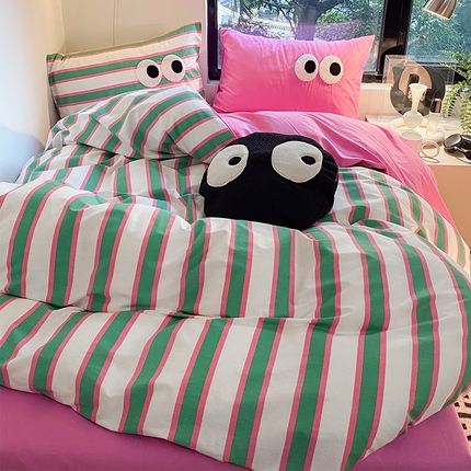 91家纺网 家纺一手货源 找家纺 （总）百寐 2023新款多巴胺混搭大眼毛巾绣全棉四件套纯棉条纹