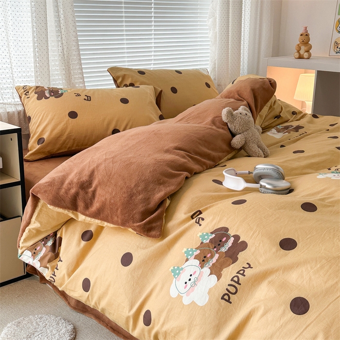 91家纺网 家纺一手货源 找家纺 昔可家纺 2023新款全棉加绒四件套 波点狗狗